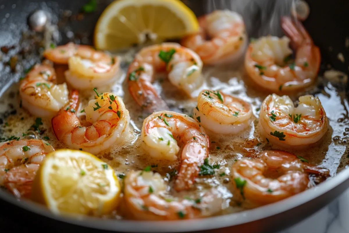 Shrimp Scampi served with garlic butter sauce over pasta.