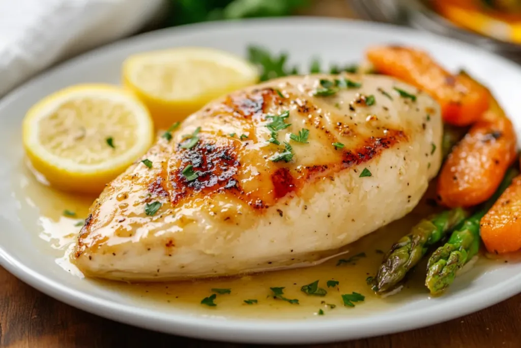 Lemon garlic chicken served with fresh lemon slices and parsley.