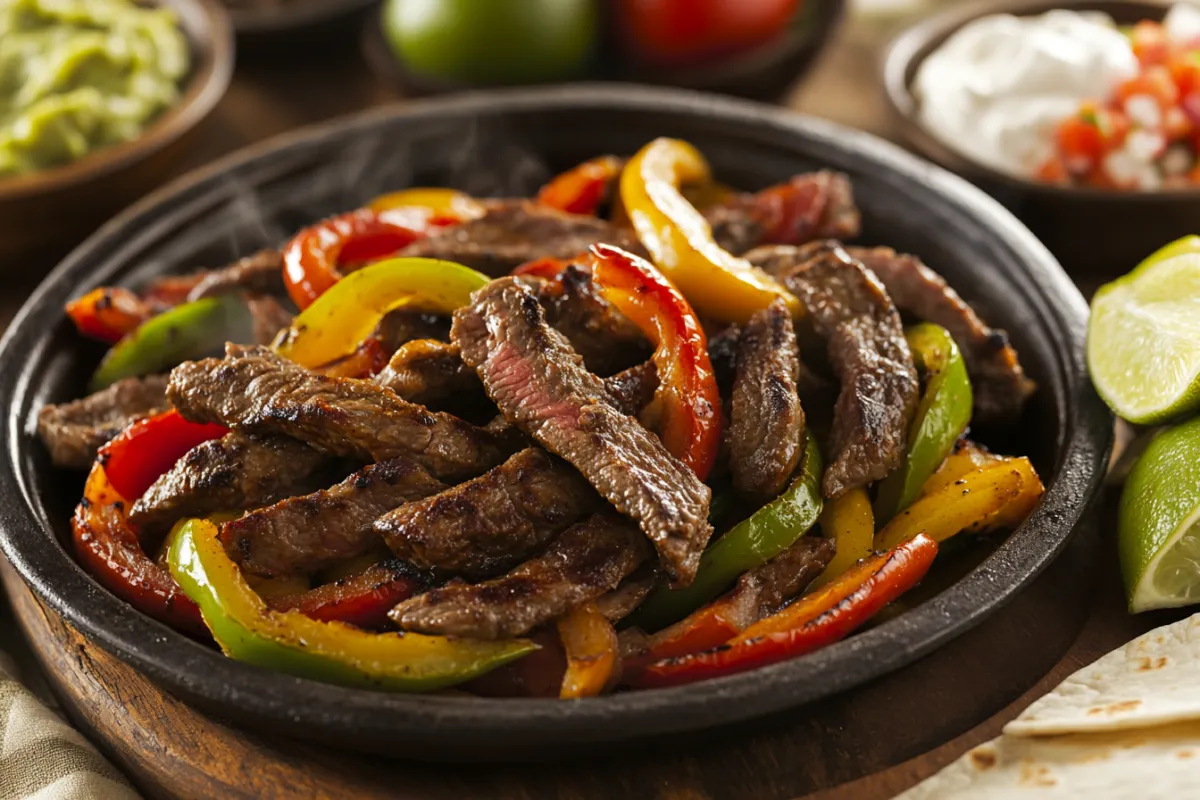 Sizzling beef fajitas with bell peppers and onions on a skillet.