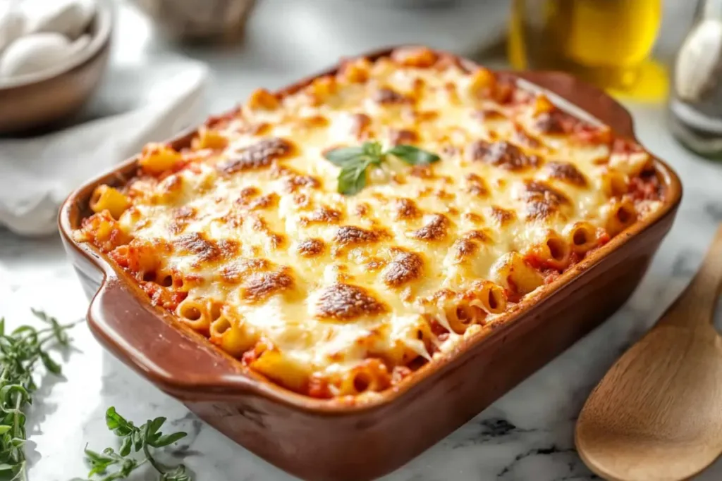 A delicious plate of baked ziti topped with melted mozzarella and fresh basil.