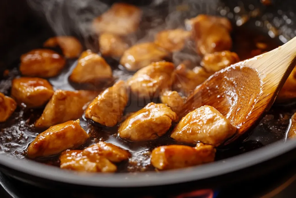 A serving of tender teriyaki chicken glazed with a glossy sauce, garnished with green onions and sesame seeds over steamed rice.