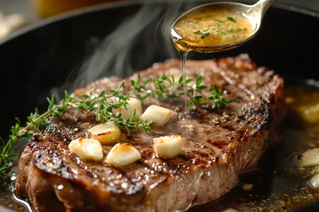 A perfectly cooked ribeye steak served with golden crispy fries.