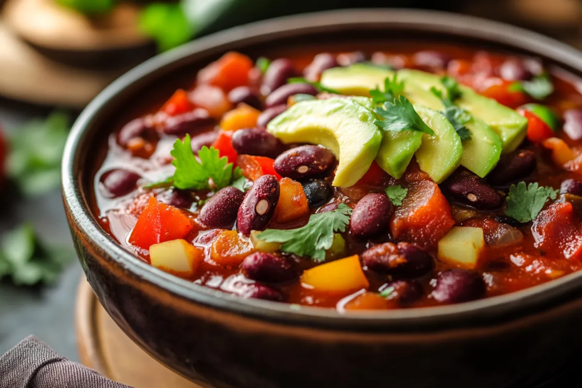 Bowl of vegetarian chili with beans, vegetables, and spices.