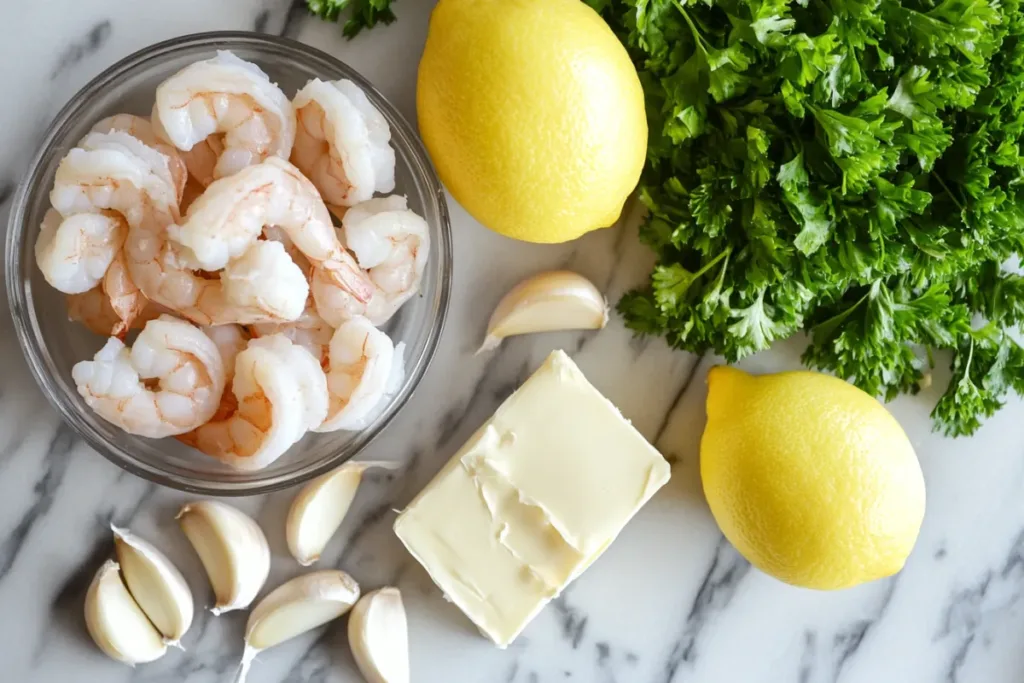 Shrimp Scampi served with garlic butter sauce over pasta.