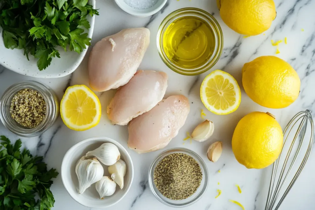 Lemon garlic chicken served with fresh lemon slices and parsley.