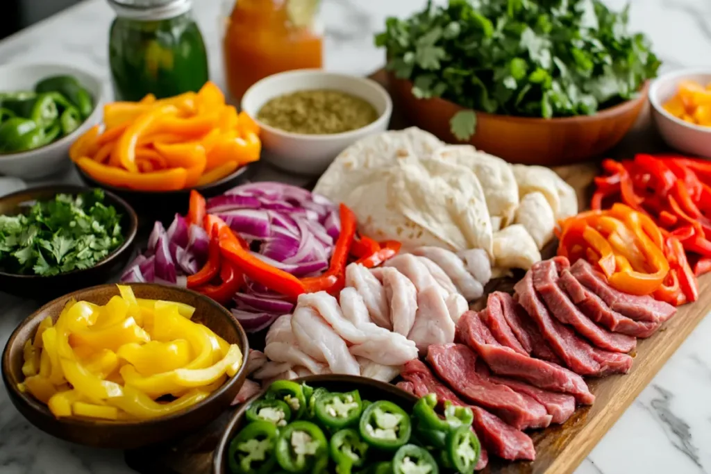 Sizzling beef fajitas with bell peppers and onions on a skillet.