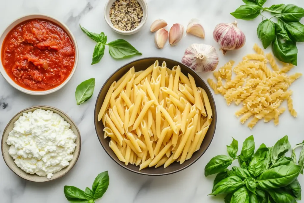 A delicious plate of baked ziti topped with melted mozzarella and fresh basil.