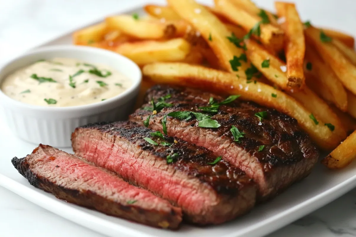 A perfectly cooked ribeye steak served with golden crispy fries.