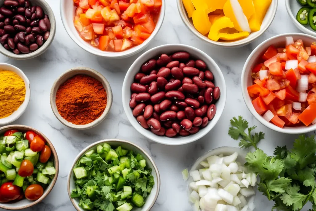 Bowl of vegetarian chili with beans, vegetables, and spices.
