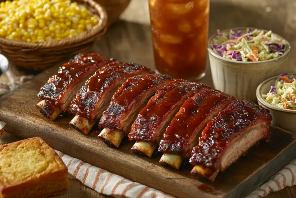 Tender BBQ ribs glazed with sticky barbecue sauce