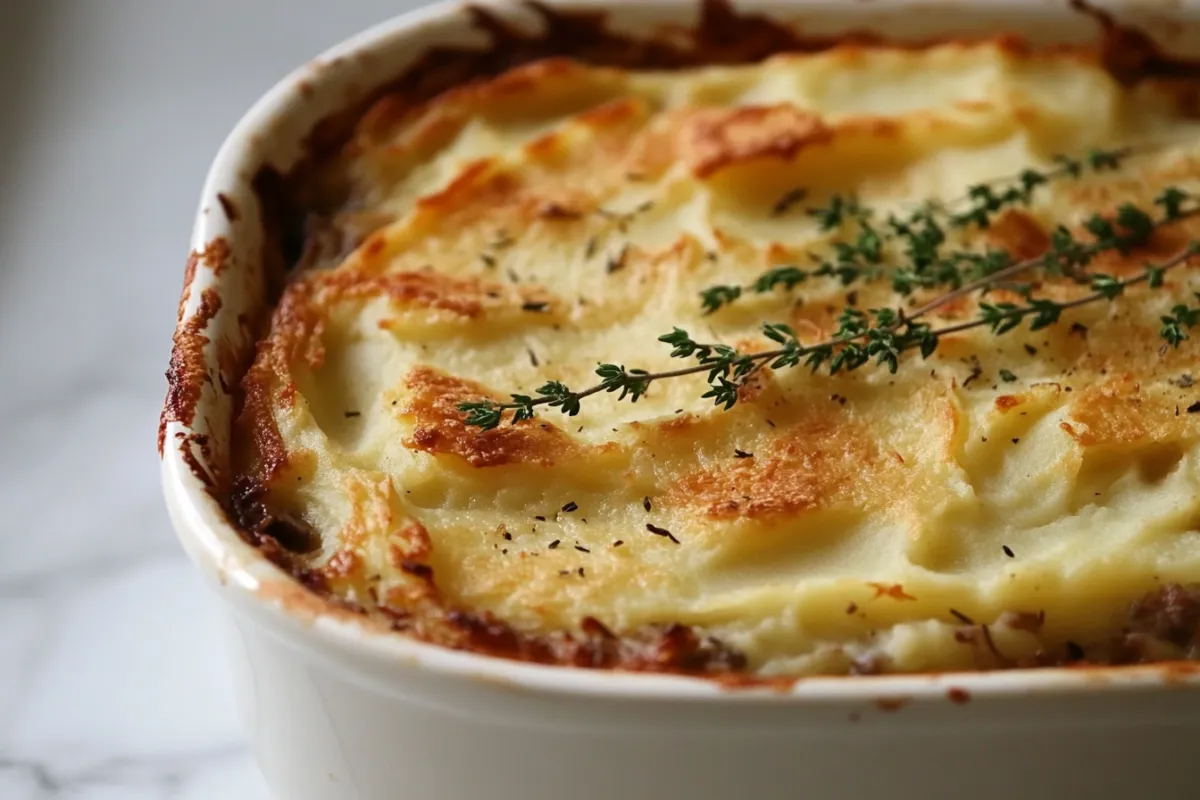 Shepherd's Pie with creamy mashed potatoes and savory meat filling, garnished with fresh thyme