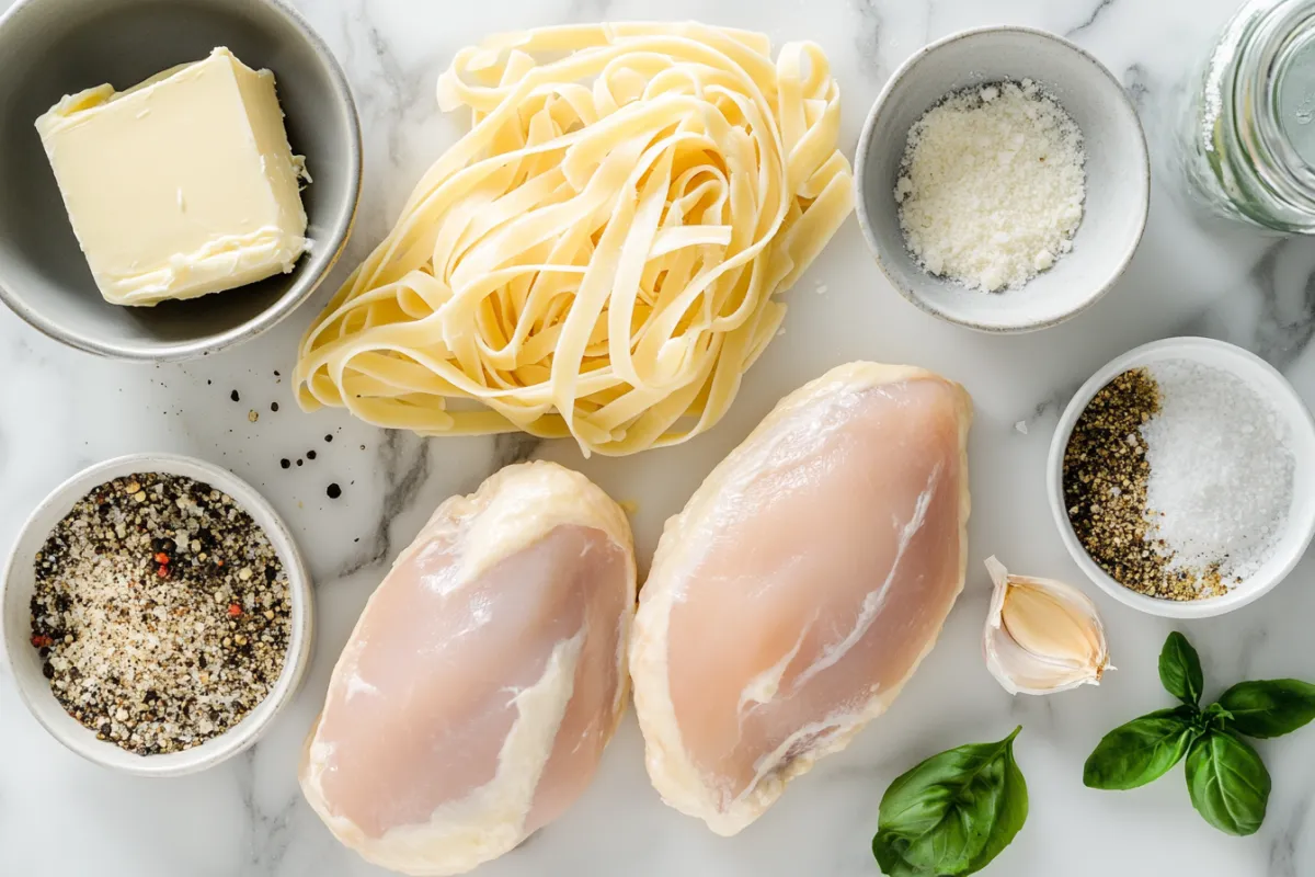 A plate of creamy Chicken Alfredo with fettuccine and seasoned chicken breasts.