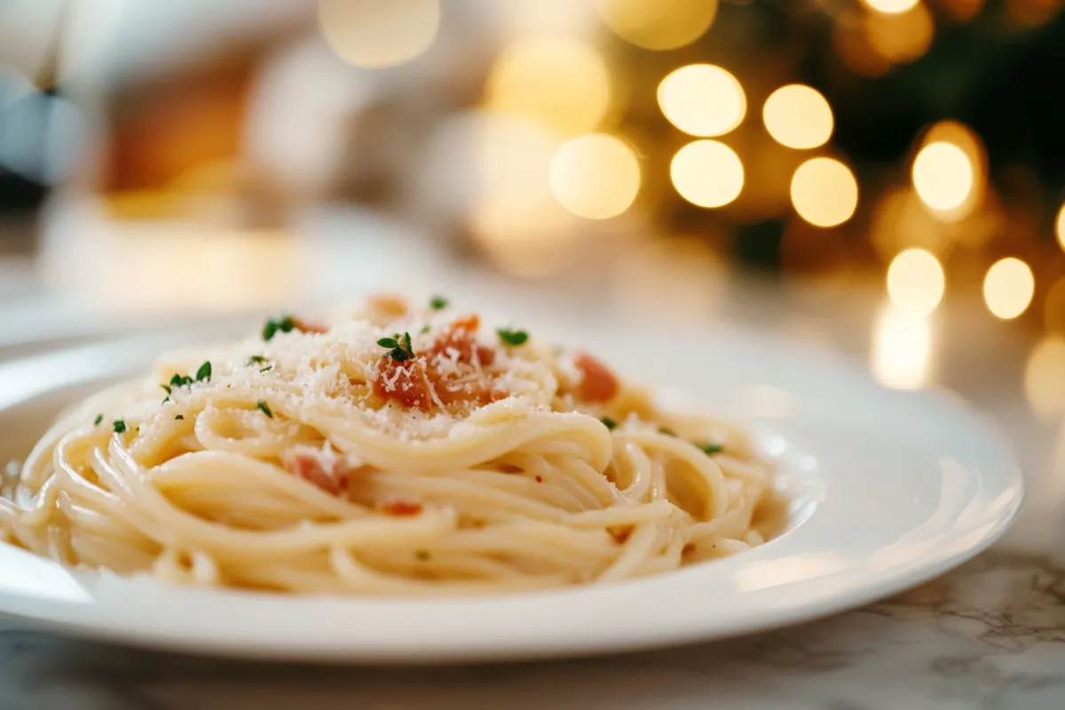 A plate of authentic Spaghetti Carbonara with creamy sauce, crispy guanciale, and grated Pecorino Romano cheese.