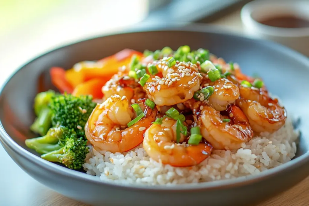 Honey Garlic Shrimp in a skillet with a sticky, sweet garlic glaze