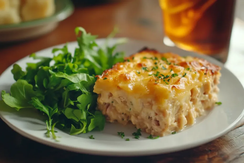 Classic tuna casserole with crispy topping in a baking dish.