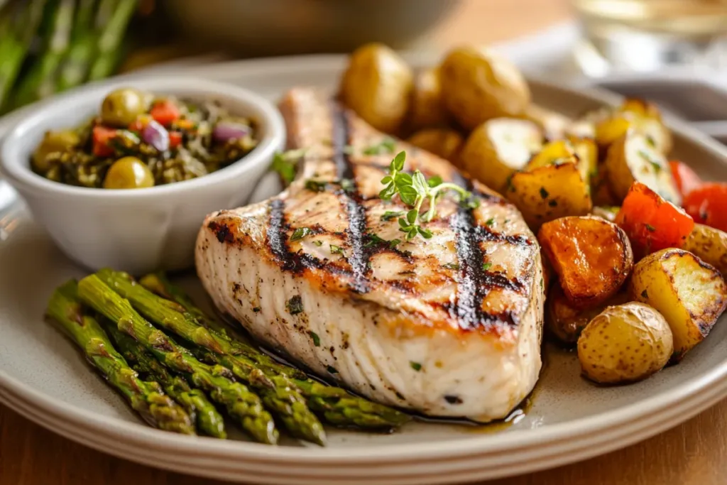 Grilled swordfish steak with lemon and herbs on a plate