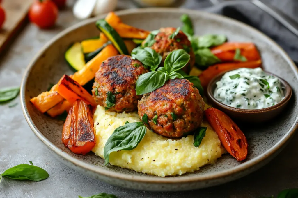 Juicy turkey meatballs served with marinara sauce and herbs