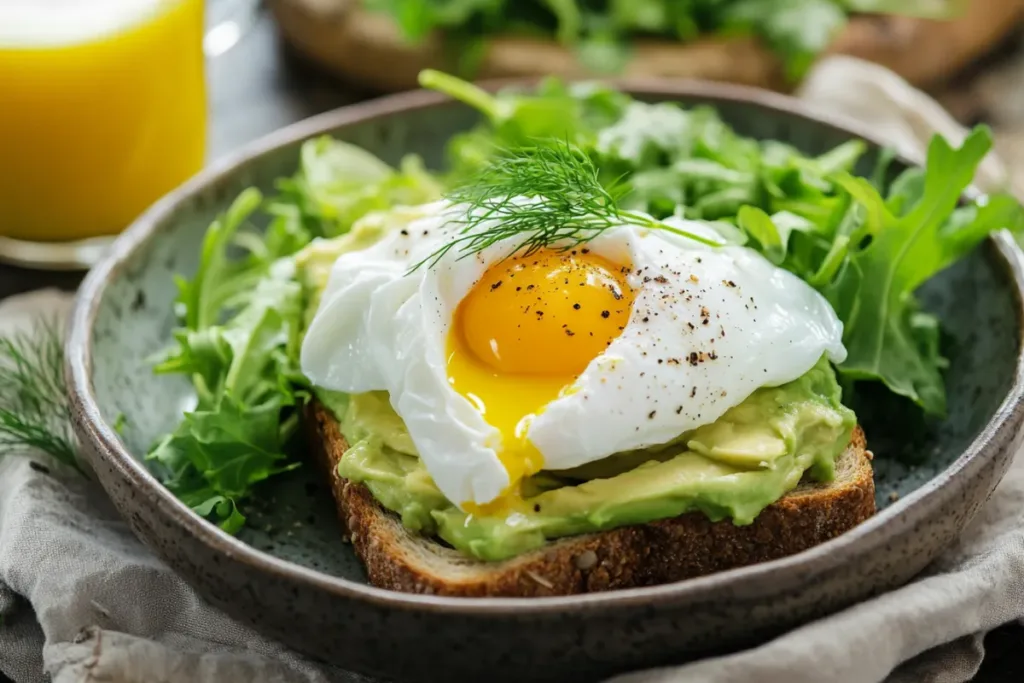 Toasted bread topped with mashed avocado, garnished with cherry tomatoes and herbs.