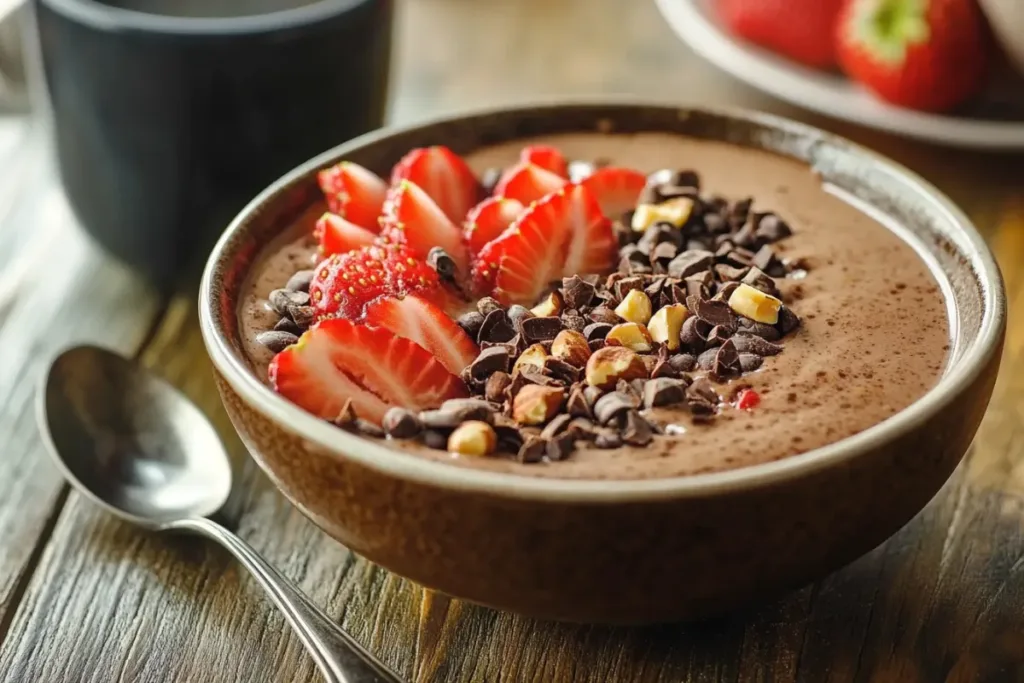 Colorful smoothie bowl topped with fresh berries, granola, and seeds.