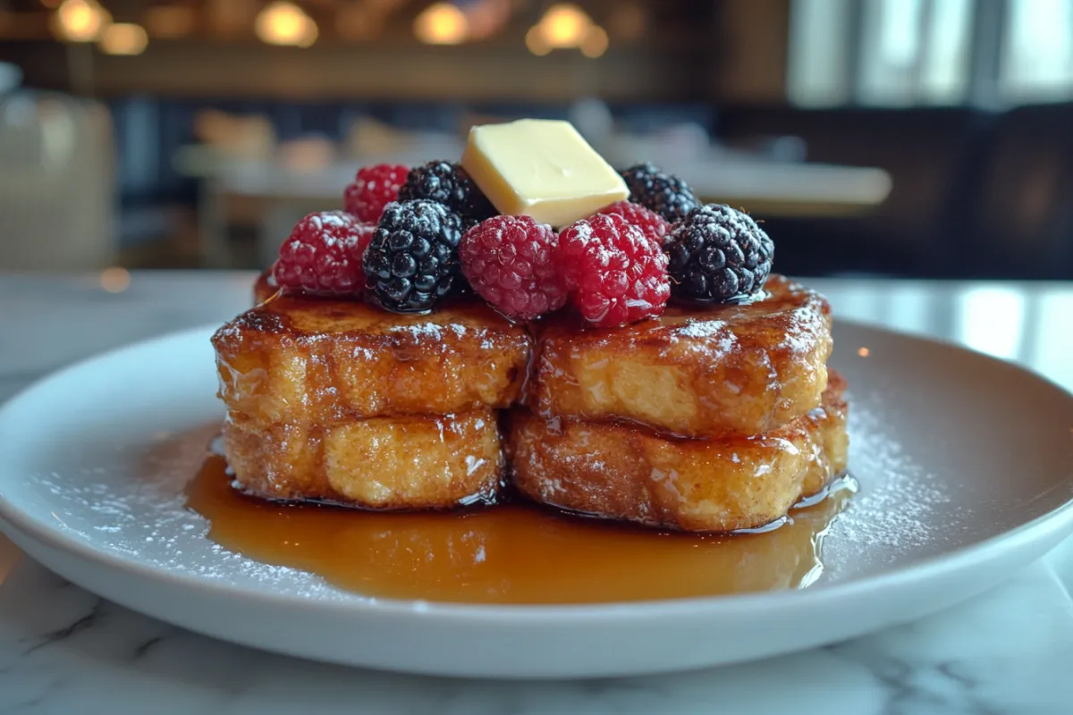 Golden-brown French Toast with butter and fresh berries.