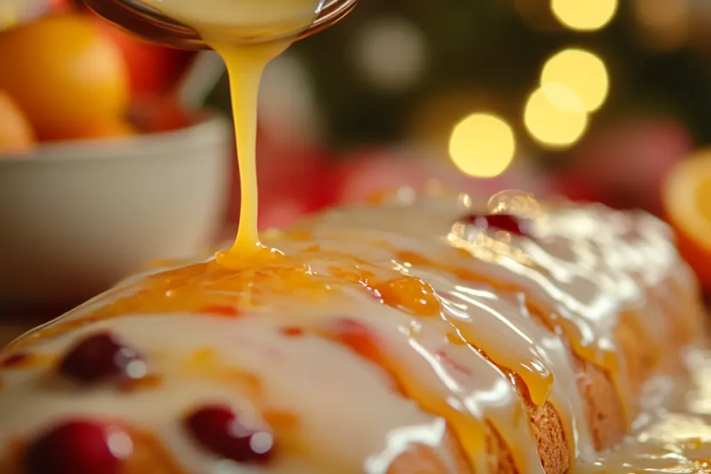 Slices of cranberry orange Christmas bread drizzled with glaze.