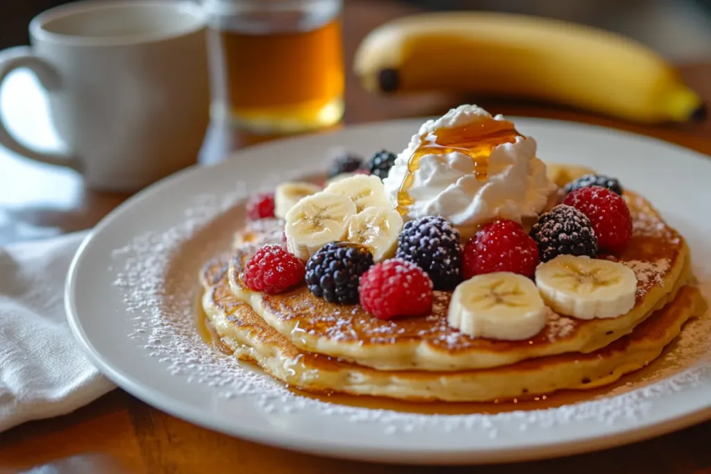 Fluffy banana pancakes topped with sliced bananas and maple syrup.