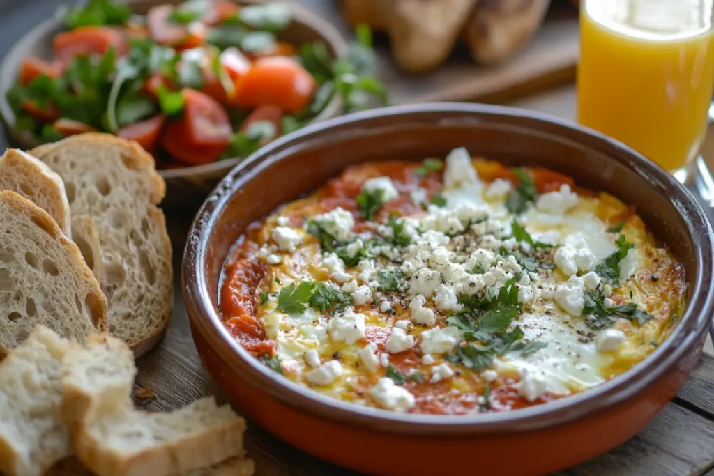 Shakshuka with poached eggs in a tomato sauce skillet