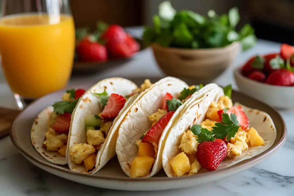 Classic breakfast tacos with scrambled eggs, chorizo, cheese, and avocado