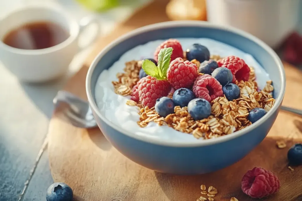 A bowl of homemade granola with oats, nuts, and dried fruit