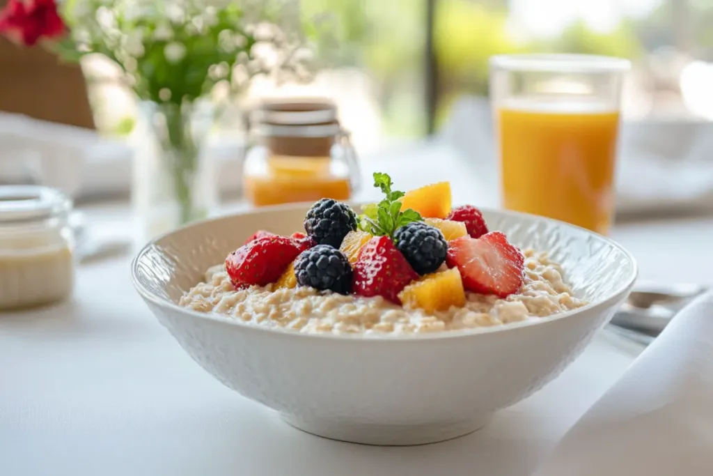 Bowl of oatmeal topped with fresh fruit like strawberries, blueberries, and banana slices