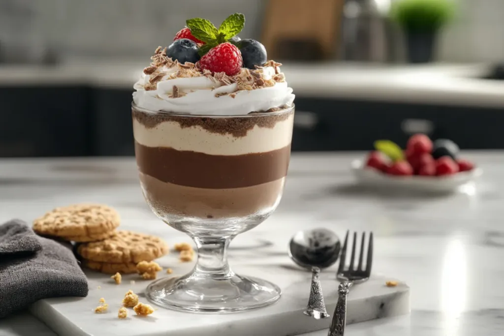 A rich, creamy chocolate avocado mousse garnished with dark chocolate shavings and fresh raspberries.