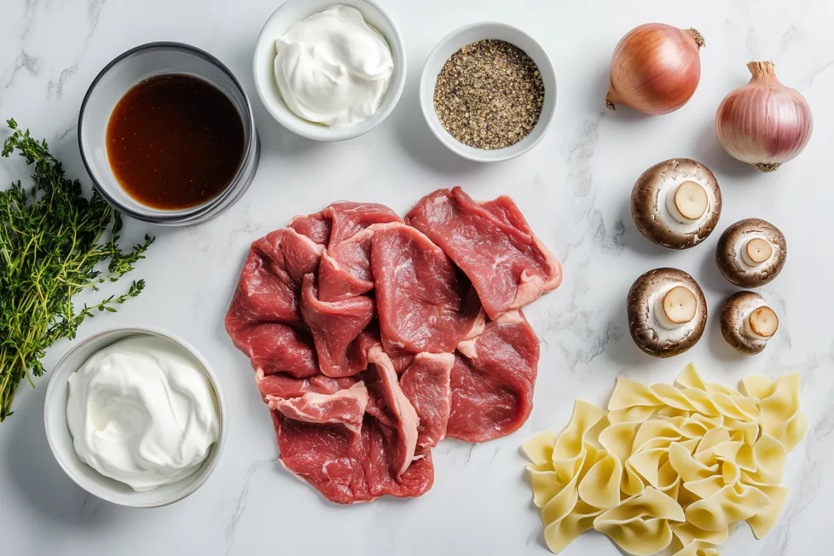 Beef Stroganoff with creamy sauce served over egg noodles