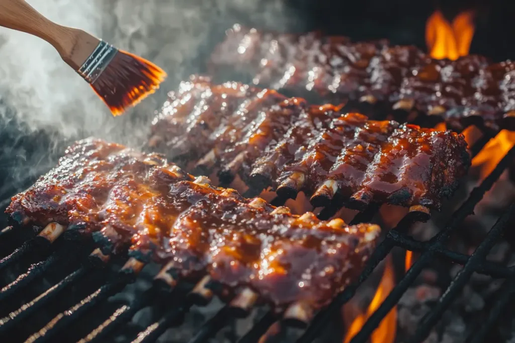 Tender BBQ ribs glazed with sticky barbecue sauce