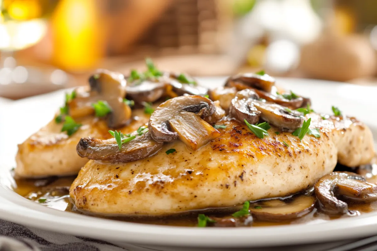 Chicken Marsala being cooked in a skillet with Marsala wine and mushrooms