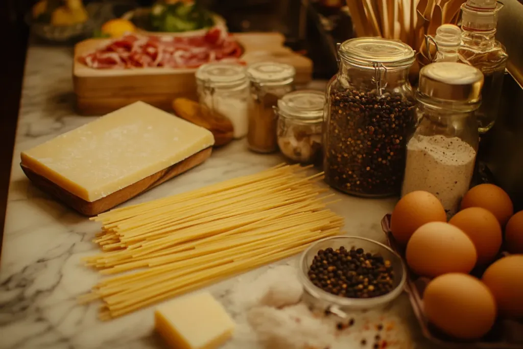 A plate of authentic Spaghetti Carbonara with creamy sauce, crispy guanciale, and grated Pecorino Romano cheese.