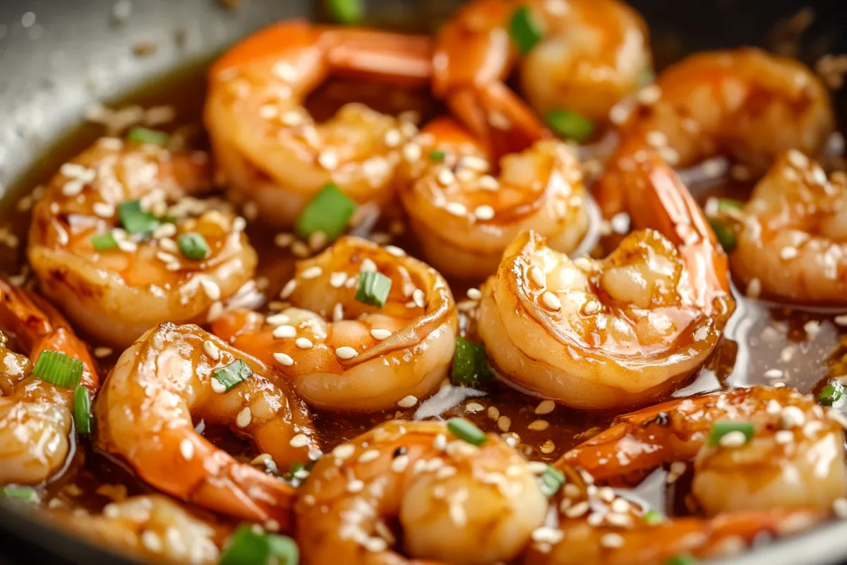 Honey Garlic Shrimp in a skillet with a sticky, sweet garlic glaze