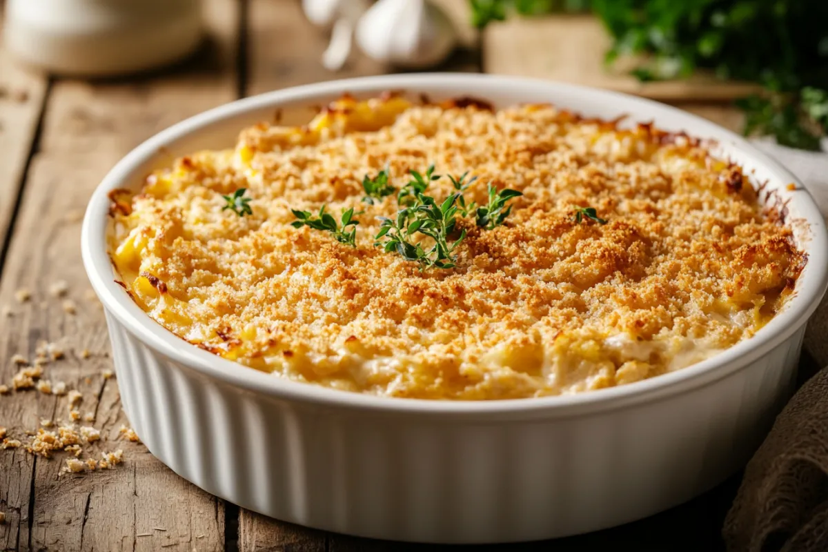 Classic tuna casserole with crispy topping in a baking dish.