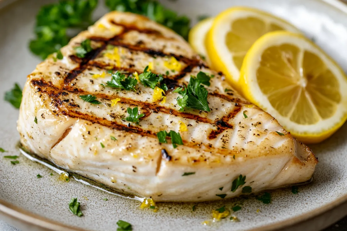 Grilled swordfish steak with lemon and herbs on a plate