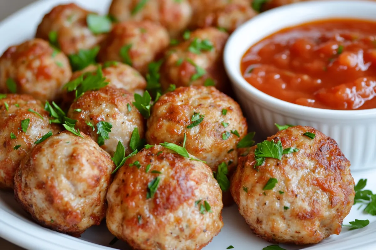 Juicy turkey meatballs served with marinara sauce and herbs