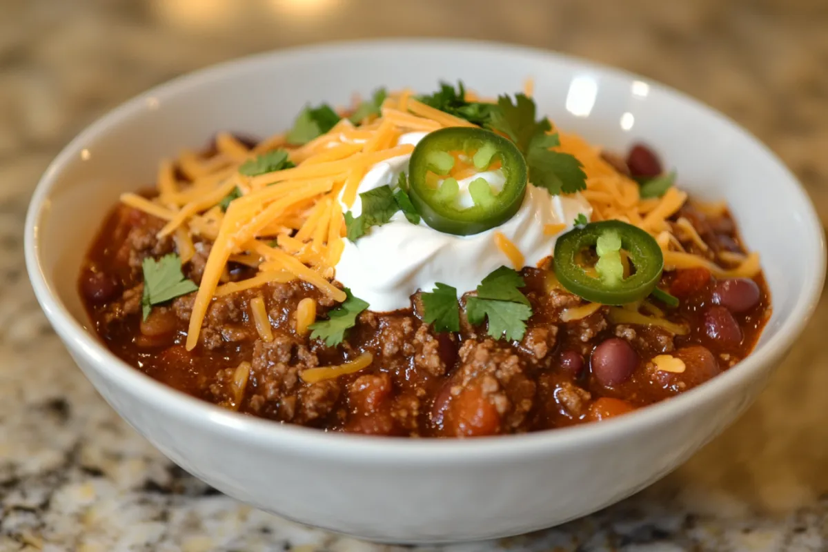 Bowl of hearty chili con carne with toppings like cheese, jalapeños, and cilantro