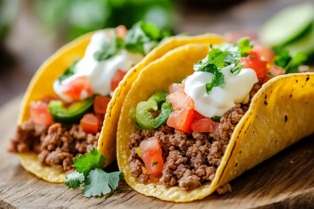 A delicious beef taco with fresh toppings like lettuce, tomatoes, and cheese