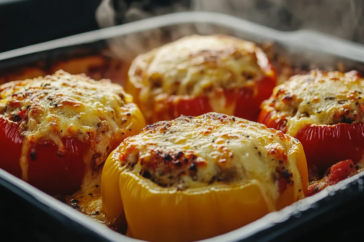 Colorful stuffed bell peppers filled with seasoned ground beef and rice, topped with melted cheese, served hot in a baking dish.