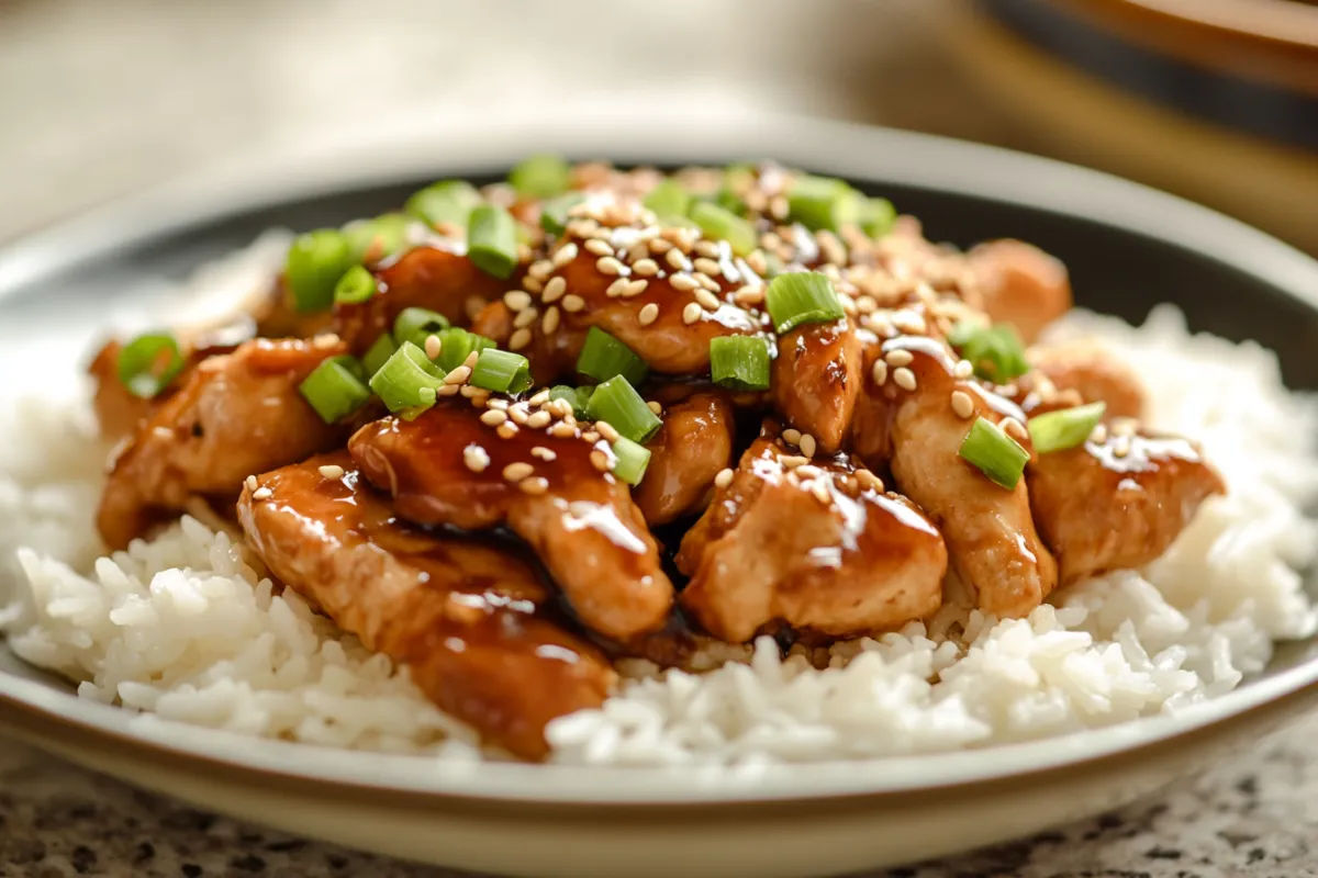 A serving of tender teriyaki chicken glazed with a glossy sauce, garnished with green onions and sesame seeds over steamed rice.