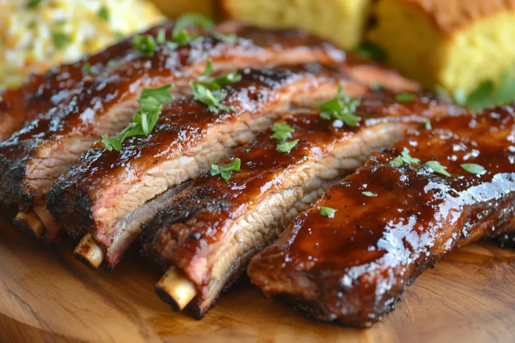 Tender BBQ ribs glazed with sticky barbecue sauce