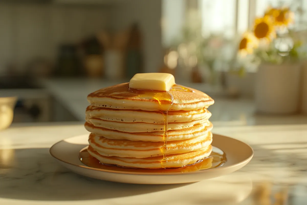 Fluffy stack of golden pancakes topped with butter and syrup