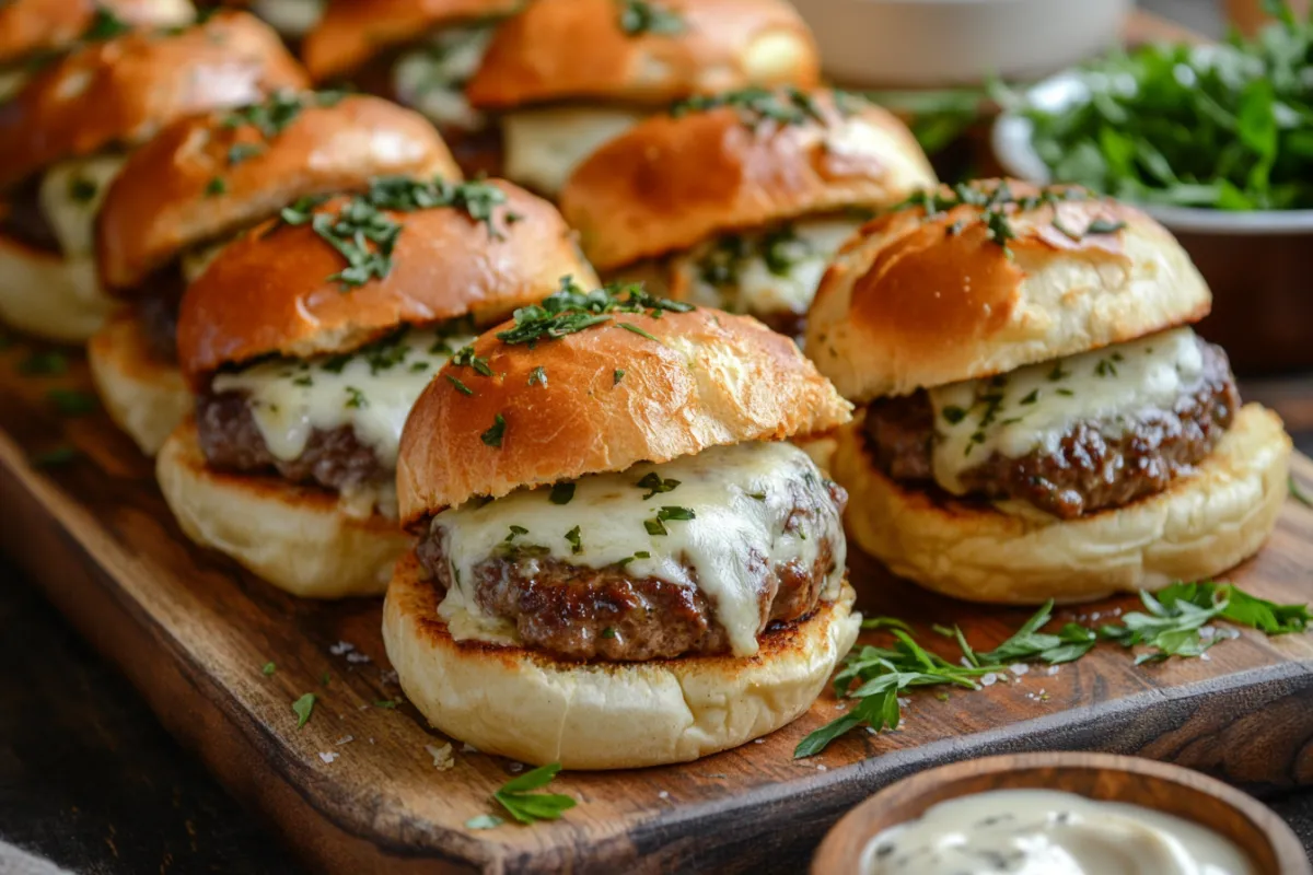 Delicious cheesy garlic herb beef sliders with fresh herbs and cheese.