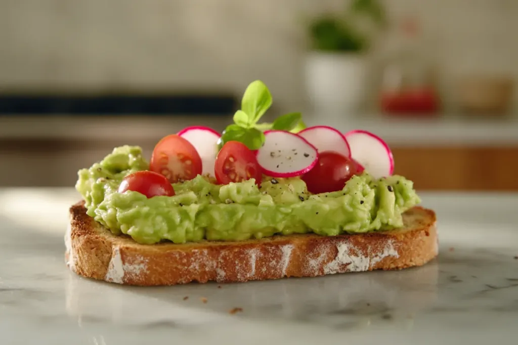 Toasted bread topped with mashed avocado, garnished with cherry tomatoes and herbs.