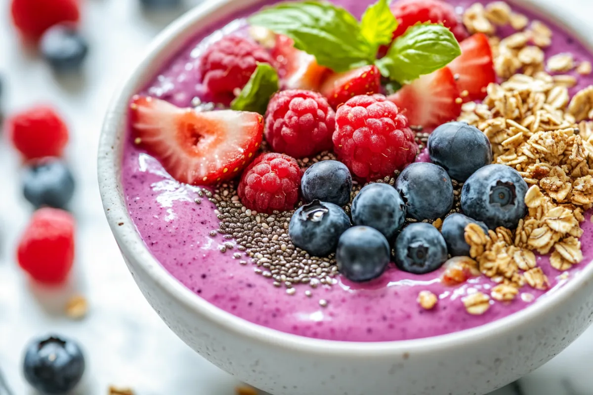 Colorful smoothie bowl topped with fresh berries, granola, and seeds.