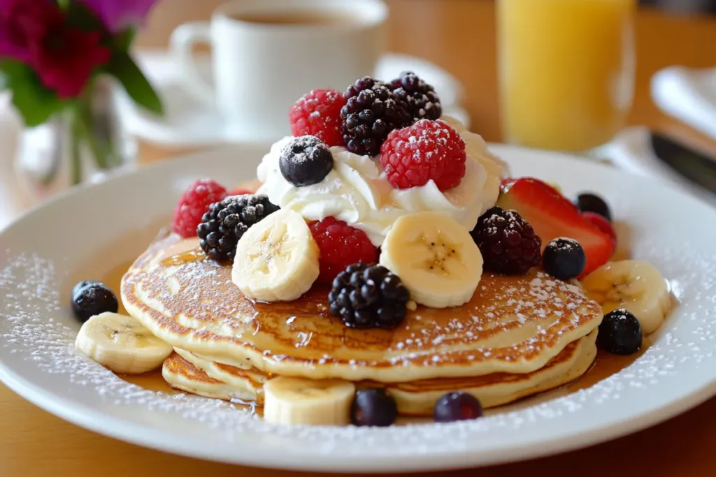 Fluffy stack of golden pancakes topped with butter and syrup