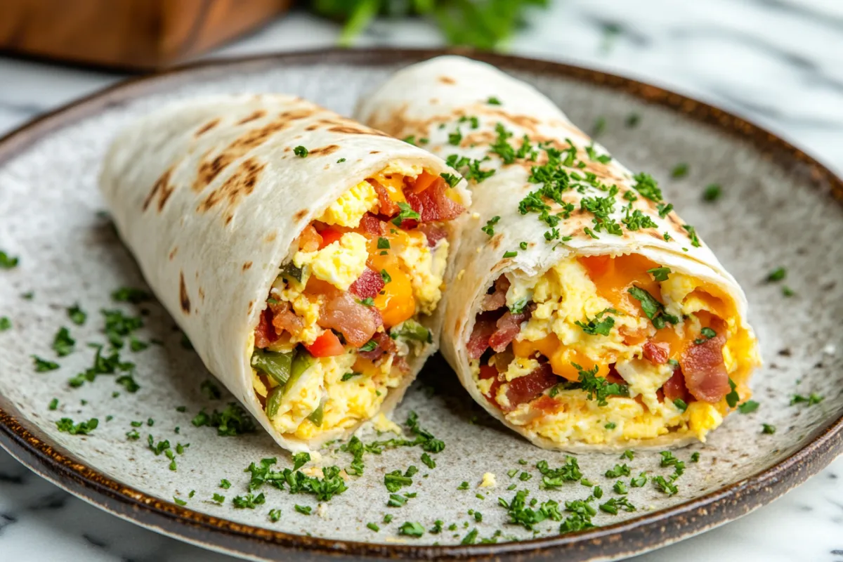 Delicious breakfast burrito with eggs, cheese, and veggies